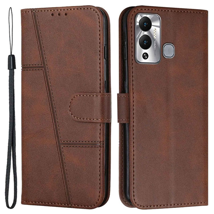 For Infinix Hot 12 Play 4G Stitching PU Leather Wallet Phone Case Magnetic Clasp Foldable Stand Cover with Strap - Brown