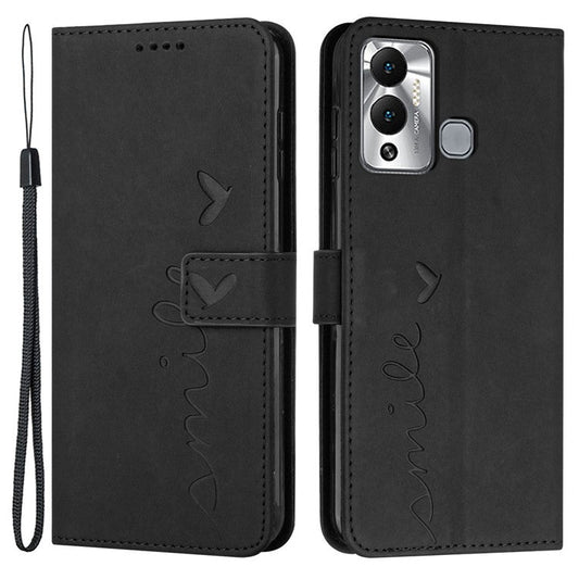 For Infinix Hot 12 Play 4G Anti-Scratch PU Leather Cover Heart Shape Imprinting Phone Wallet Stand Skin-Touch Feeling Case - Black