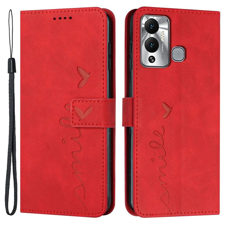 For Infinix Hot 12 Play 4G Anti-Scratch PU Leather Cover Heart Shape Imprinting Phone Wallet Stand Skin-Touch Feeling Case - Red