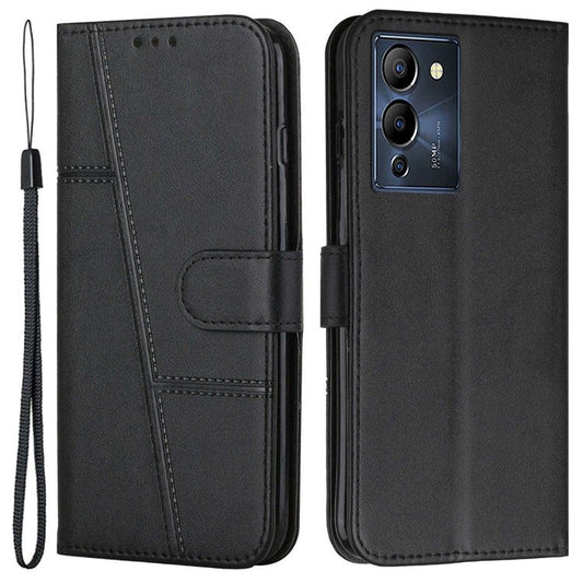 For Infinix Note 12 G96 4G Stitching PU Leather Wallet Folio Flip Phone Case Foldable Stand Shockproof Wallet Cover with Strap - Black