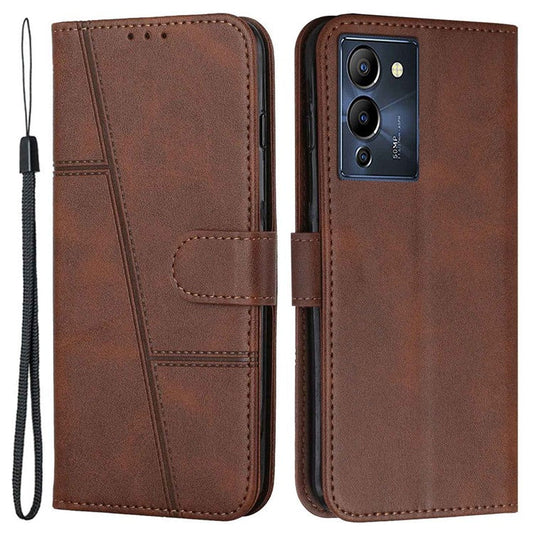 For Infinix Note 12 G96 4G Stitching PU Leather Wallet Folio Flip Phone Case Foldable Stand Shockproof Wallet Cover with Strap - Brown
