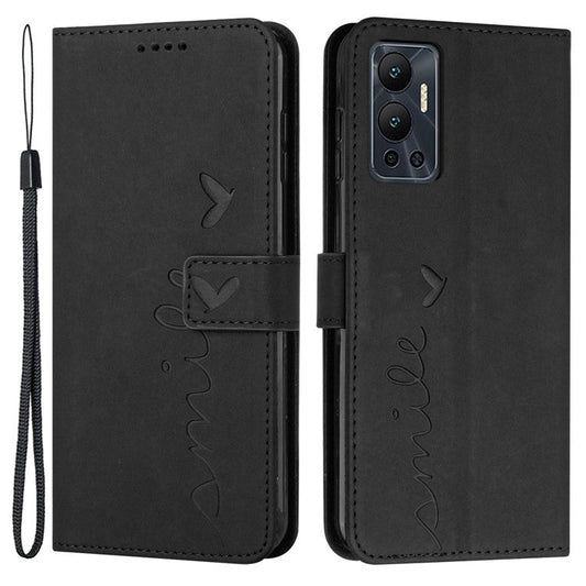 For Infinix Hot 12 4G Heart Shape Imprinting Skin-Touch Phone Stand Case PU Leather Wallet Folio Flip Cover - Black