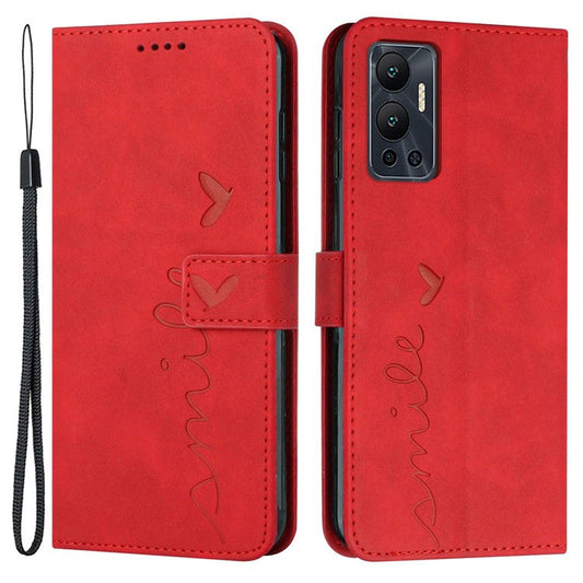For Infinix Hot 12 4G Heart Shape Imprinting Skin-Touch Phone Stand Case PU Leather Wallet Folio Flip Cover - Red
