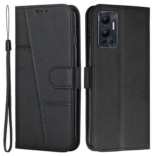 For Infinix Hot 12 4G Stand Wallet Stitching PU Leather Case Full Protection TPU Phone Cover with Strap - Black