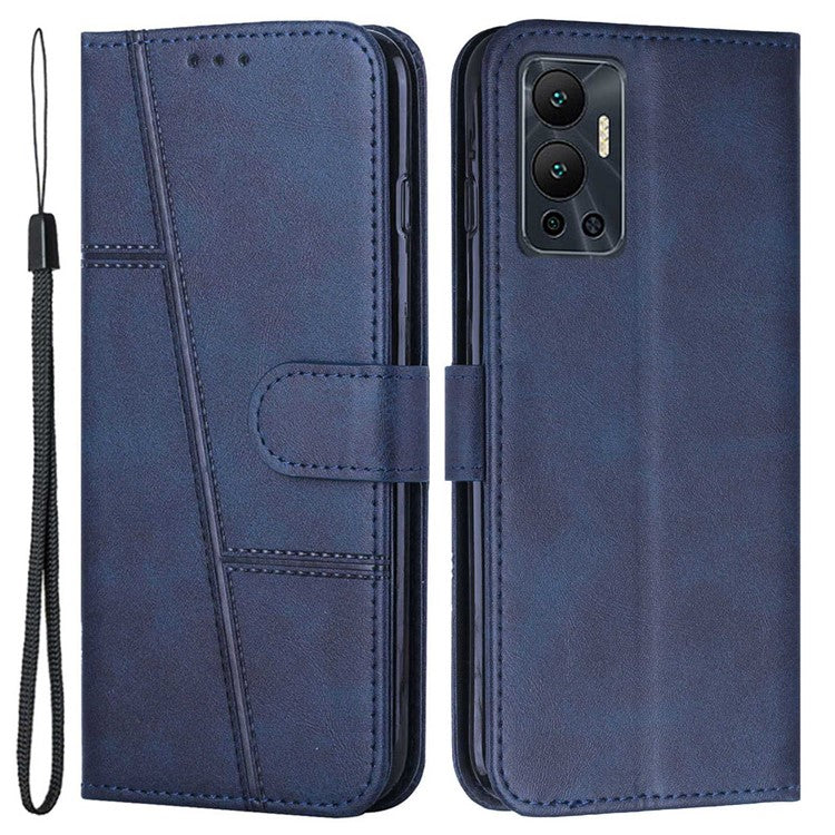 For Infinix Hot 12 4G Stand Wallet Stitching PU Leather Case Full Protection TPU Phone Cover with Strap - Sapphire