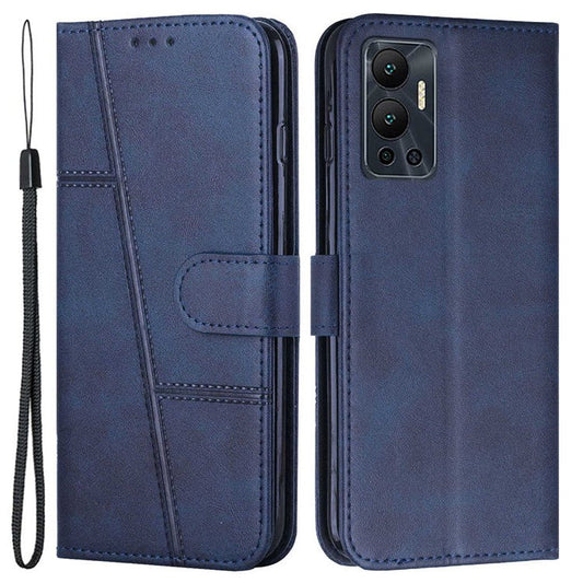 For Infinix Hot 12 4G Stand Wallet Stitching PU Leather Case Full Protection TPU Phone Cover with Strap - Sapphire