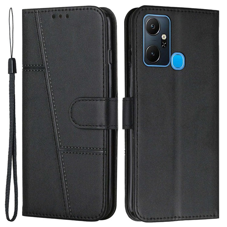 For Infinix Smart 6 Plus (India) 4G Stitching PU Leather Phone Cover Folio Flip Stand Wallet Magnetic Clasp Case with Strap - Black