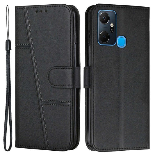 For Infinix Smart 6 Plus (India) 4G Stitching PU Leather Phone Cover Folio Flip Stand Wallet Magnetic Clasp Case with Strap - Black