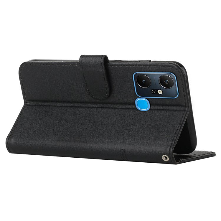 For Infinix Smart 6 Plus (India) 4G Stitching PU Leather Phone Cover Folio Flip Stand Wallet Magnetic Clasp Case with Strap - Black