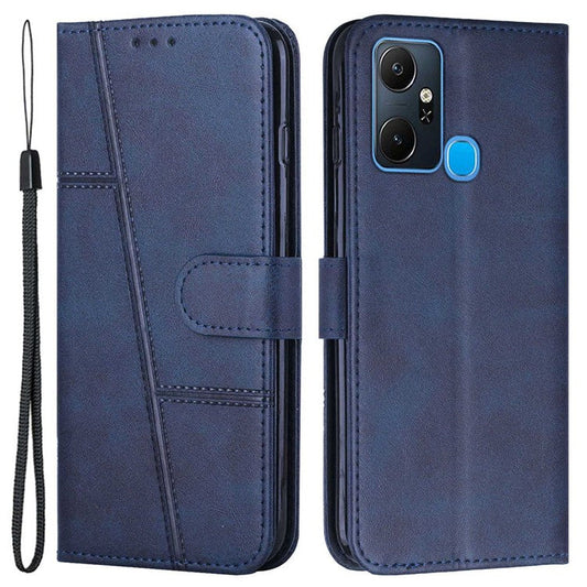 For Infinix Smart 6 Plus (India) 4G Stitching PU Leather Phone Cover Folio Flip Stand Wallet Magnetic Clasp Case with Strap - Sapphire