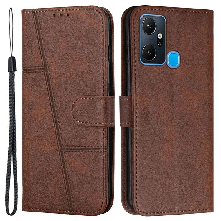 For Infinix Smart 6 Plus (India) 4G Stitching PU Leather Phone Cover Folio Flip Stand Wallet Magnetic Clasp Case with Strap - Brown