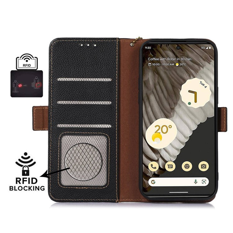 Genuine Leather Case for Google Pixel 7 Pro 5G, Shockproof Side Magnetic Closure Phone Case RFID Blocking Wallet Phone Cover with Stand - Black