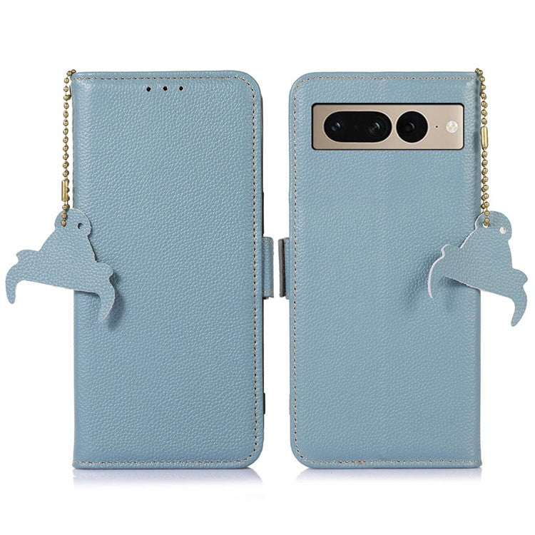 Genuine Leather Case for Google Pixel 7 Pro 5G, Shockproof Side Magnetic Closure Phone Case RFID Blocking Wallet Phone Cover with Stand - Blue