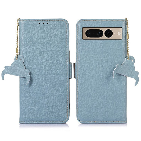 Genuine Leather Case for Google Pixel 7 Pro 5G, Shockproof Side Magnetic Closure Phone Case RFID Blocking Wallet Phone Cover with Stand - Blue