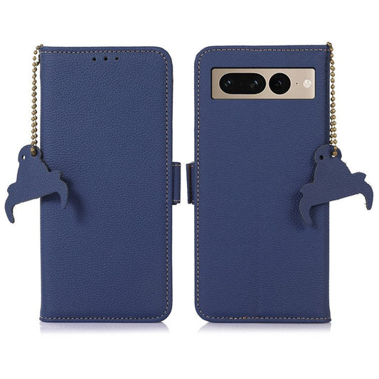 Genuine Leather Case for Google Pixel 7 Pro 5G, Shockproof Side Magnetic Closure Phone Case RFID Blocking Wallet Phone Cover with Stand - Sapphire