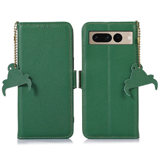 Genuine Leather Case for Google Pixel 7 Pro 5G, Shockproof Side Magnetic Closure Phone Case RFID Blocking Wallet Phone Cover with Stand - Green