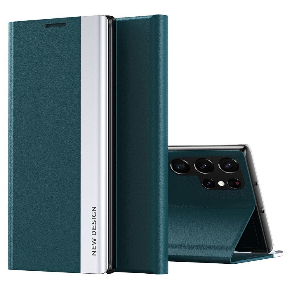 For Samsung Galaxy S23 Ultra Electroplating PU Leather Phone Stand Cover Auto Adsorption Anti-drop Case - Green