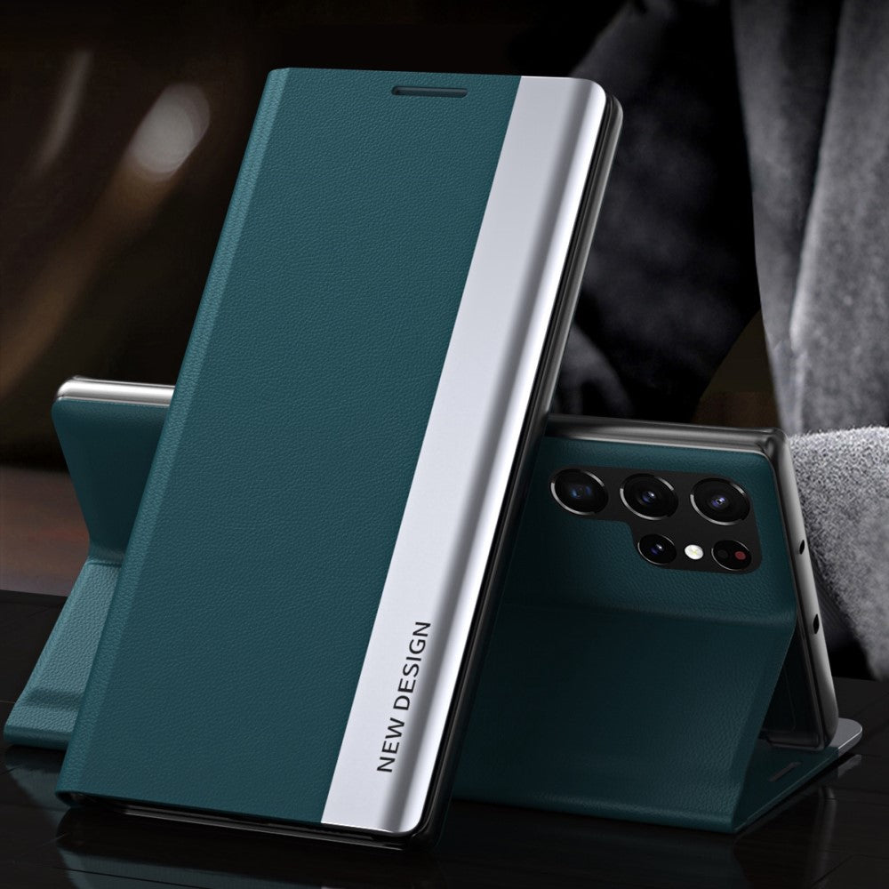 For Samsung Galaxy S23 Ultra Electroplating PU Leather Phone Stand Cover Auto Adsorption Anti-drop Case - Green