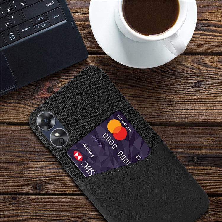 Phone Case for Oppo A17 4G / A17k 4G, Card Holder Design Anti-fall Cloth Texture Phone Case PU Leather Coated PC Cover - Black