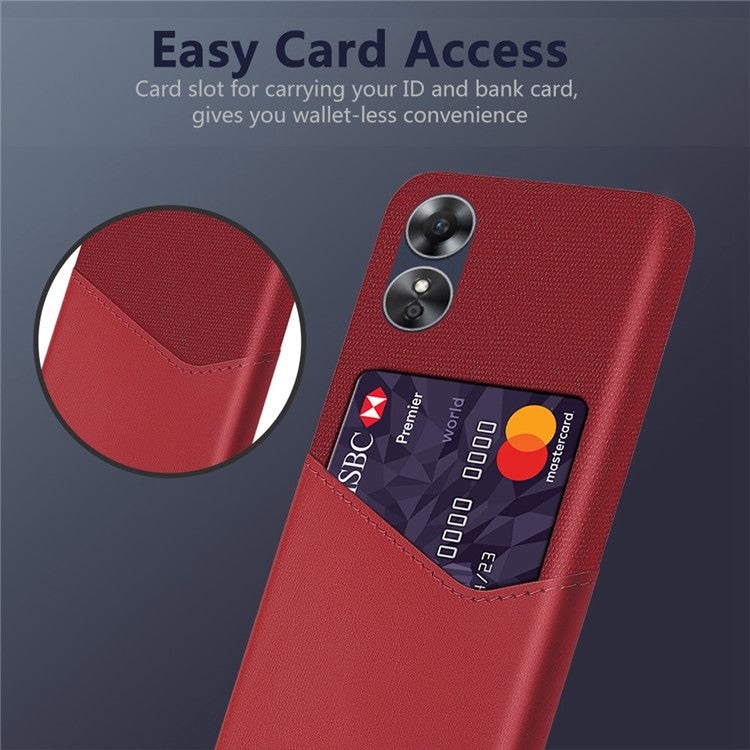 Phone Case for Oppo A17 4G / A17k 4G, Card Holder Design Anti-fall Cloth Texture Phone Case PU Leather Coated PC Cover - Red