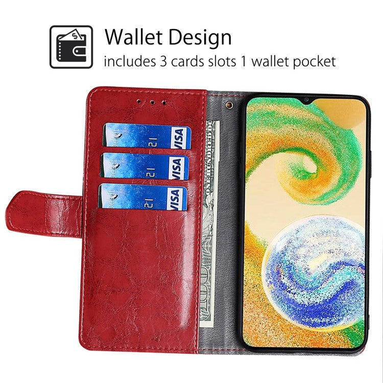Anti-scratch Folio Flip Cover For Samsung Galaxy A04s 4G (164.7 x 76.7 x 9.1 mm) Geometric Splicing Phone Case PU Leather Stand Wallet - Red