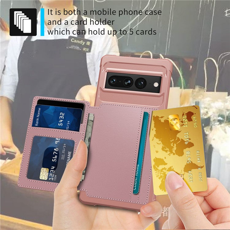 ZM03 for Google Pixel 7 Pro 5G Shockproof Phone Case Kickstand Card Holder Phone Back Cover with Magnetic Metal Sheet - Pink