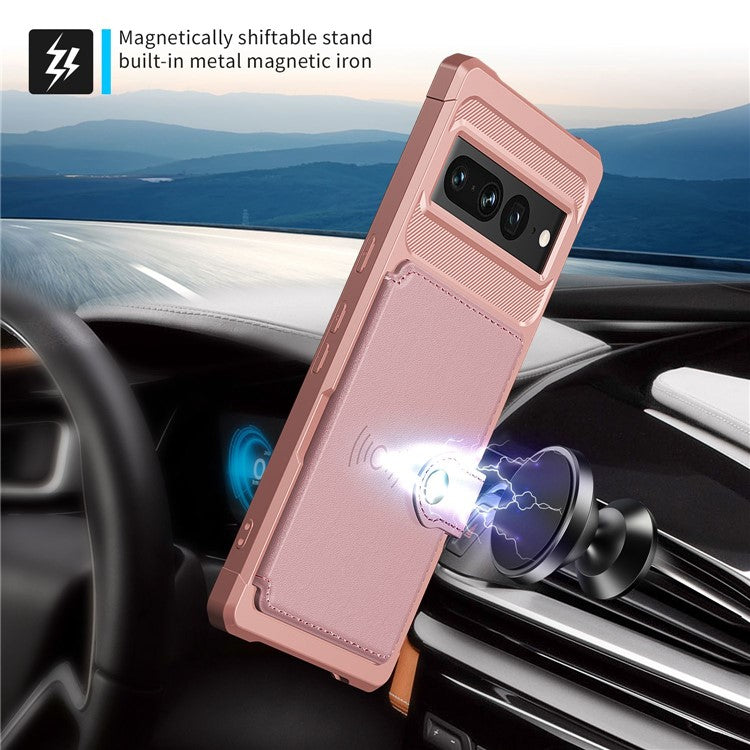 ZM03 for Google Pixel 7 Pro 5G Shockproof Phone Case Kickstand Card Holder Phone Back Cover with Magnetic Metal Sheet - Pink