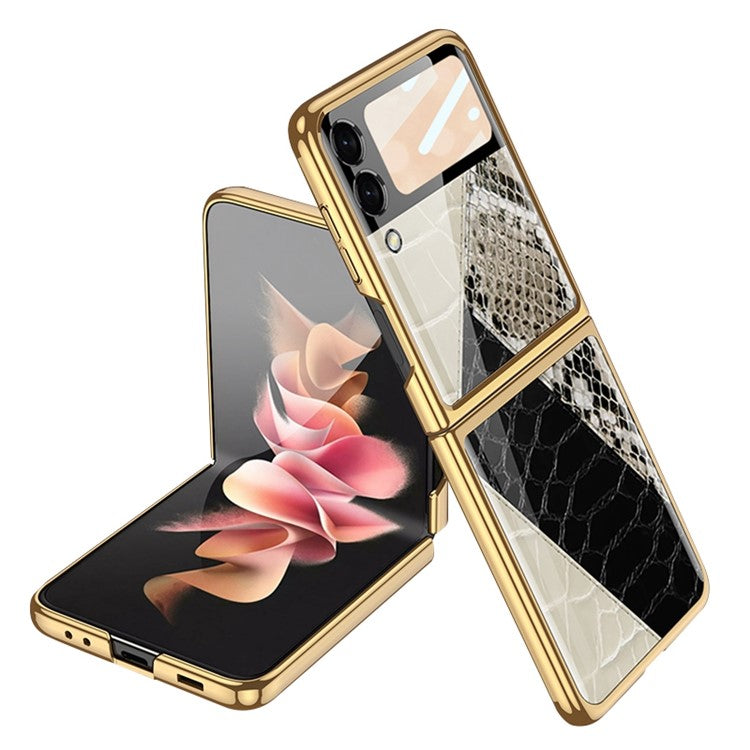 GKK For Samsung Galaxy Z Flip4 5G Pattern Printing Tempered Glass Back Shell  Hard PC Electroplated Folding Phone Case with Small Tempered Glass Screen Film - Contrast Leather Texture 01