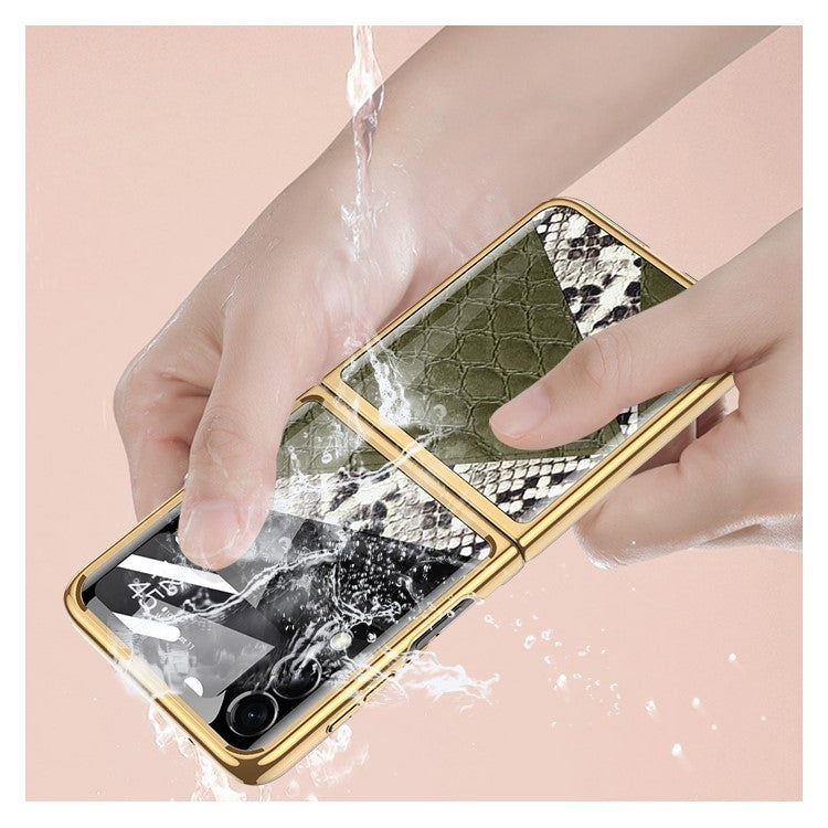 GKK For Samsung Galaxy Z Flip4 5G Pattern Printing Tempered Glass Back Shell  Hard PC Electroplated Folding Phone Case with Small Tempered Glass Screen Film - Contrast Leather Texture 01