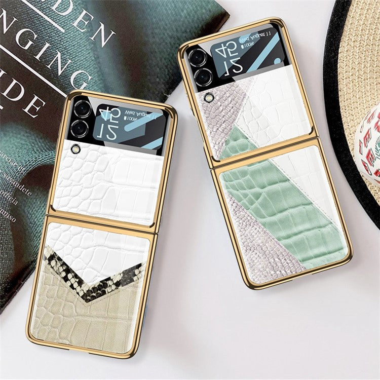 GKK For Samsung Galaxy Z Flip4 5G Pattern Printing Tempered Glass Back Shell  Hard PC Electroplated Folding Phone Case with Small Tempered Glass Screen Film - Contrast Leather Texture 01