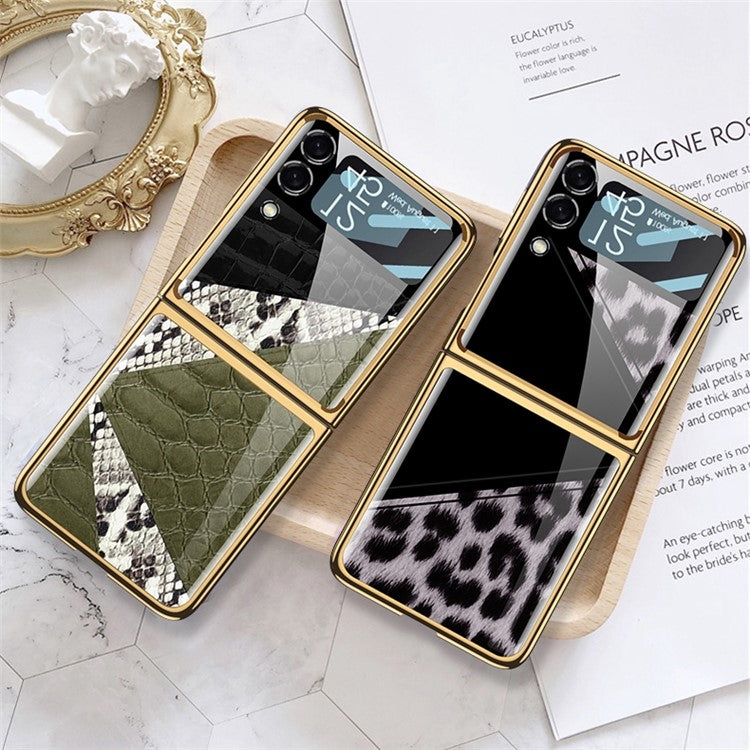 GKK For Samsung Galaxy Z Flip4 5G Pattern Printing Tempered Glass Back Shell  Hard PC Electroplated Folding Phone Case with Small Tempered Glass Screen Film - Contrast Leather Texture 01