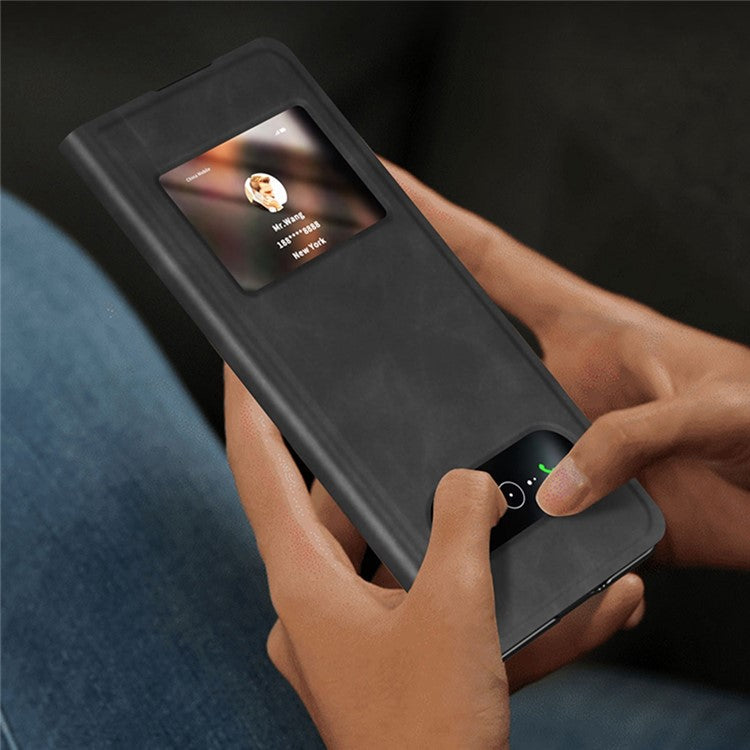 For Samsung Galaxy Z Fold3 5G Nappa Texture PU Leather + PC Phone Stand Case View Window Design Full Protection Cover - Black