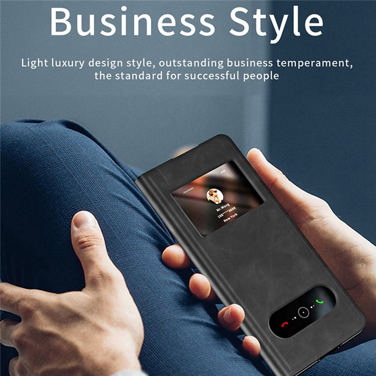 For Samsung Galaxy Z Fold3 5G Nappa Texture PU Leather + PC Phone Stand Case View Window Design Full Protection Cover - Black