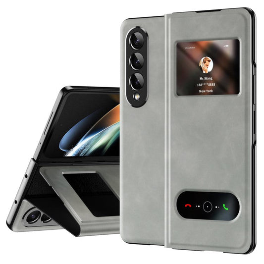 For Samsung Galaxy Z Fold3 5G Nappa Texture PU Leather + PC Phone Stand Case View Window Design Full Protection Cover - White
