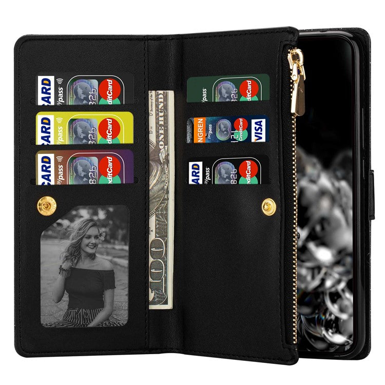For Google Pixel 7 Pro 5G Zipper Wallet Stand PU Leather Phone Case Flip Laser Carving Glittery Starry Style Shockproof Phone Cover with Strap - Black