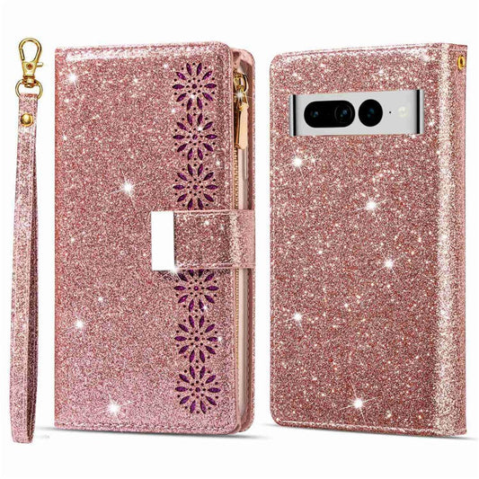 For Google Pixel 7 Pro 5G Zipper Wallet Stand PU Leather Phone Case Flip Laser Carving Glittery Starry Style Shockproof Phone Cover with Strap - Rose Gold