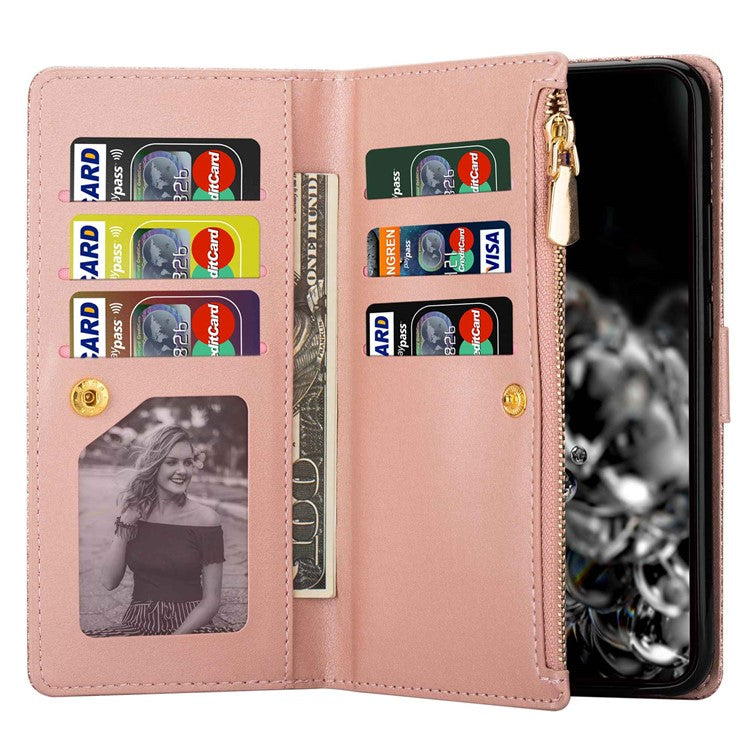 For Google Pixel 7 Pro 5G Zipper Wallet Stand PU Leather Phone Case Flip Laser Carving Glittery Starry Style Shockproof Phone Cover with Strap - Rose Gold