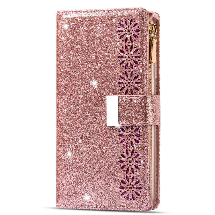 For Google Pixel 7 Pro 5G Zipper Wallet Stand PU Leather Phone Case Flip Laser Carving Glittery Starry Style Shockproof Phone Cover with Strap - Rose Gold