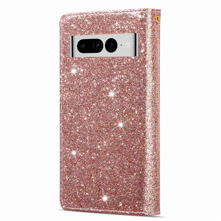 For Google Pixel 7 Pro 5G Zipper Wallet Stand PU Leather Phone Case Flip Laser Carving Glittery Starry Style Shockproof Phone Cover with Strap - Rose Gold