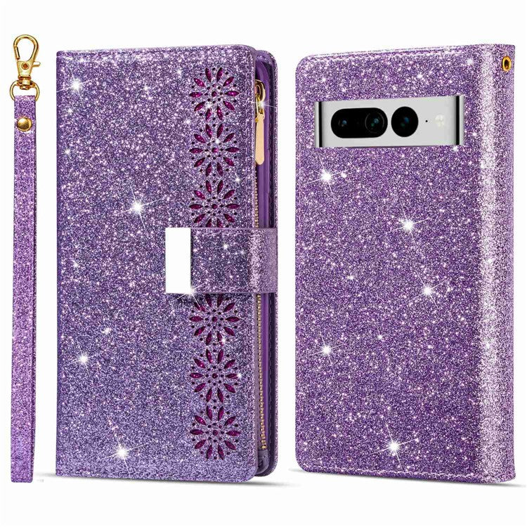 For Google Pixel 7 Pro 5G Zipper Wallet Stand PU Leather Phone Case Flip Laser Carving Glittery Starry Style Shockproof Phone Cover with Strap - Purple
