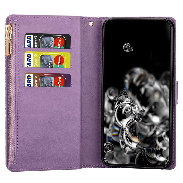 For Google Pixel 7 Pro 5G Zipper Wallet Stand PU Leather Phone Case Flip Laser Carving Glittery Starry Style Shockproof Phone Cover with Strap - Purple