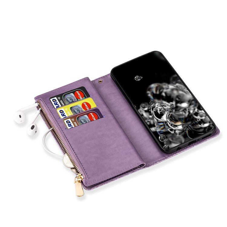 For Google Pixel 7 Pro 5G Zipper Wallet Stand PU Leather Phone Case Flip Laser Carving Glittery Starry Style Shockproof Phone Cover with Strap - Purple