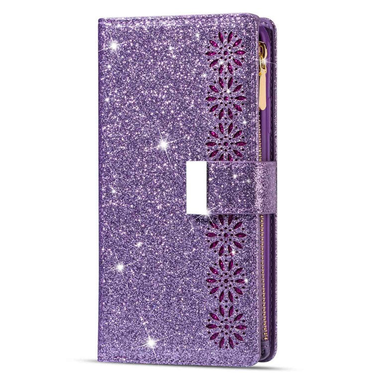 For Google Pixel 7 Pro 5G Zipper Wallet Stand PU Leather Phone Case Flip Laser Carving Glittery Starry Style Shockproof Phone Cover with Strap - Purple