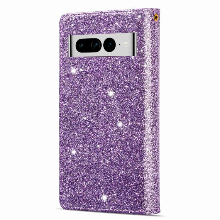 For Google Pixel 7 Pro 5G Zipper Wallet Stand PU Leather Phone Case Flip Laser Carving Glittery Starry Style Shockproof Phone Cover with Strap - Purple