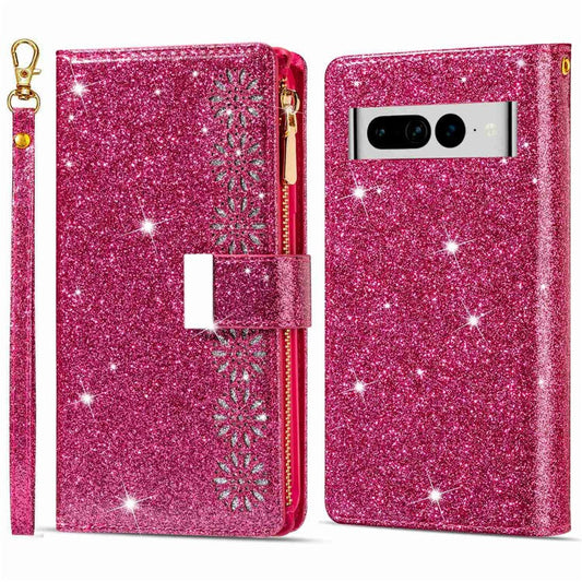 For Google Pixel 7 Pro 5G Zipper Wallet Stand PU Leather Phone Case Flip Laser Carving Glittery Starry Style Shockproof Phone Cover with Strap - Rose