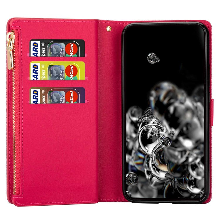 For Google Pixel 7 Pro 5G Zipper Wallet Stand PU Leather Phone Case Flip Laser Carving Glittery Starry Style Shockproof Phone Cover with Strap - Rose
