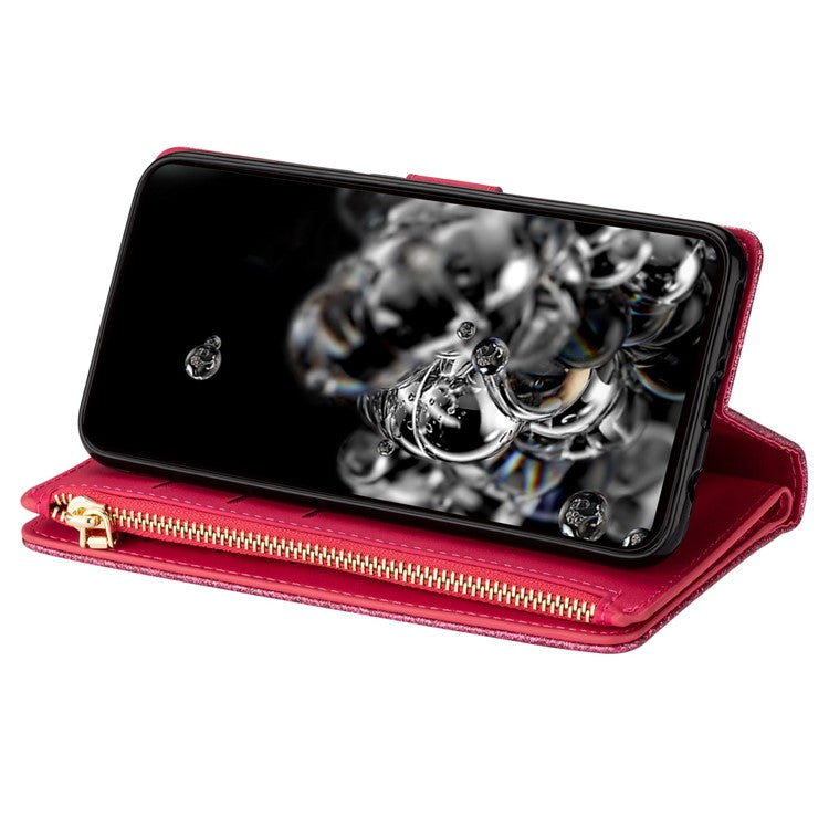 For Google Pixel 7 Pro 5G Zipper Wallet Stand PU Leather Phone Case Flip Laser Carving Glittery Starry Style Shockproof Phone Cover with Strap - Rose