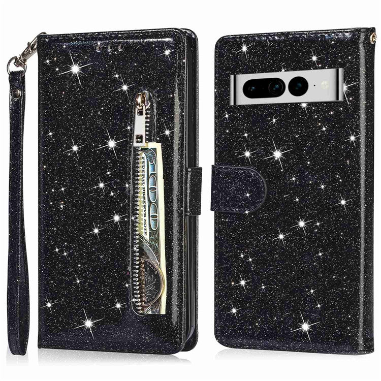 For Google Pixel 7 Pro 5G Zipper Pocket Glittery PU Leather Protective Case Magnetic Clasp Anti-fall Phone Wallet Stand Cover - Black