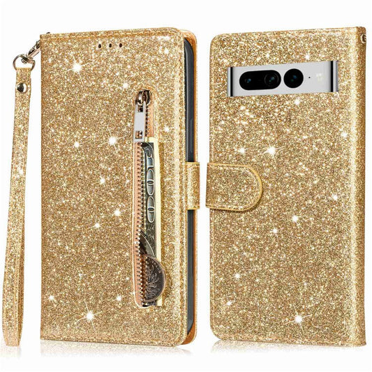 For Google Pixel 7 Pro 5G Zipper Pocket Glittery PU Leather Protective Case Magnetic Clasp Anti-fall Phone Wallet Stand Cover - Gold