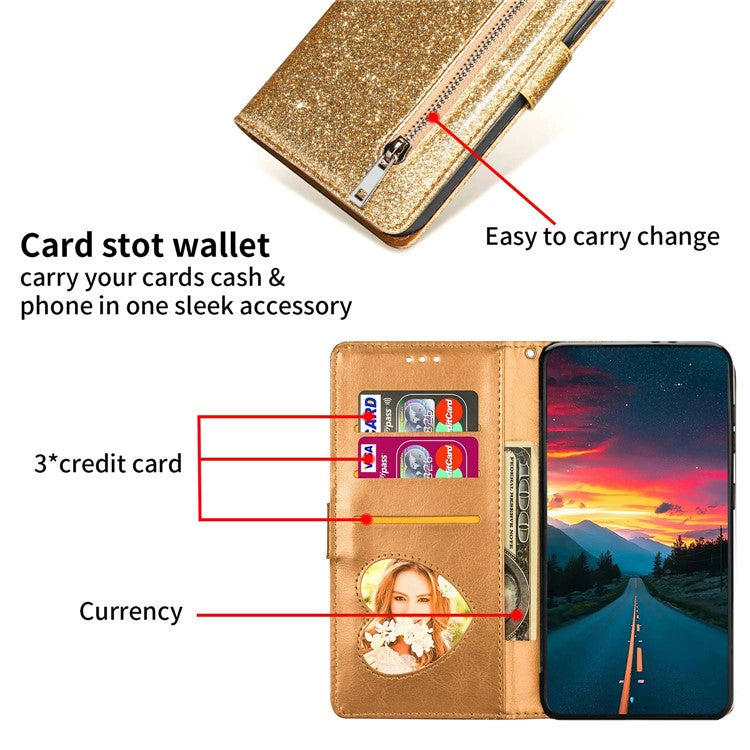 For Google Pixel 7 Pro 5G Zipper Pocket Glittery PU Leather Protective Case Magnetic Clasp Anti-fall Phone Wallet Stand Cover - Gold